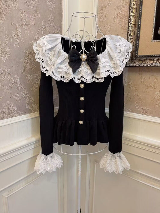 Sweetheart Princess Black White Ruffled Trumpet Sleeve Sweater - Sugarplum Store