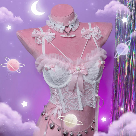 Coquette Sexy Y2K Bow Kitty Lace White Pink Black Camisole Bra Lingerie Skirt - Sugarplum Store