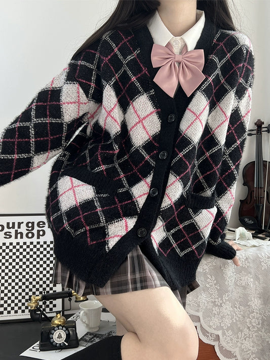 Blue White & Black Pink Diamond Argyle Pattern Cardigan - Sugarplum Store