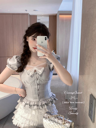 Sweet Blue Shirt / Cream Halter Top / White Ruffle Skirt
