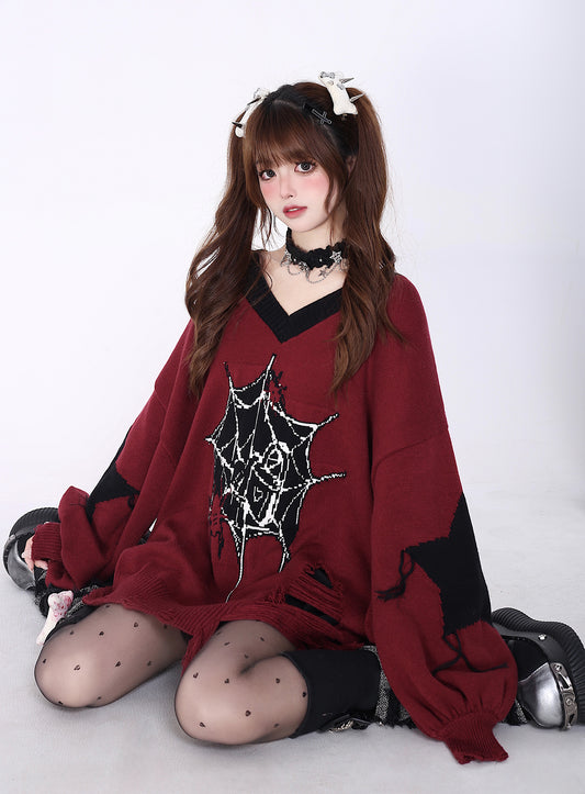 Crazy Girl Love Cycle Spider Web Red Black Sweater Top