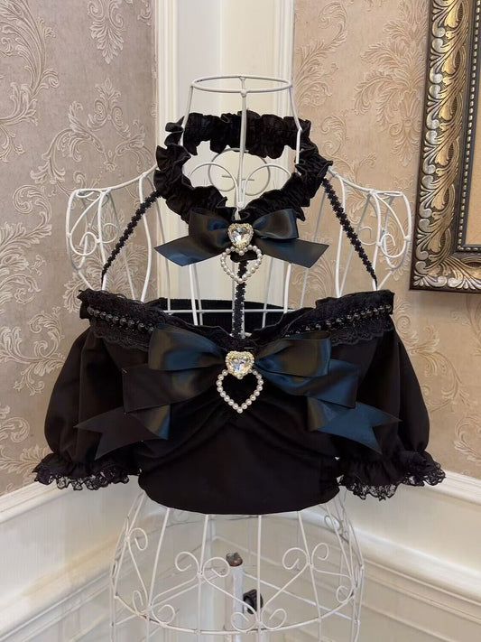 Sweetheart Princess Black & White Brooch Bow Halter Neck Shirt Top - Sugarplum Store