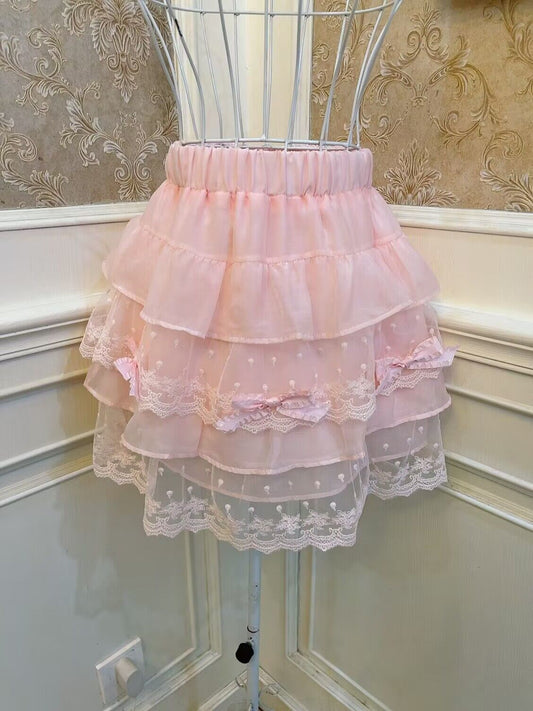 Sweetheart Princess Pastel Pink Cake Layered Lace Elastic Mini Skirt - Sugarplum Store