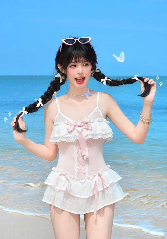 Satin Waltz Pink White Onepiece Swimsuit - Sugarplum Store