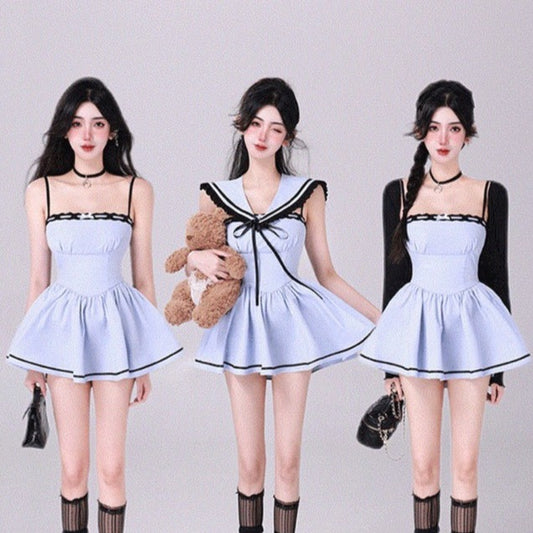 Kiki Sweet and Cool Sailor Collar Blue White Strap Dress - Sugarplum Store
