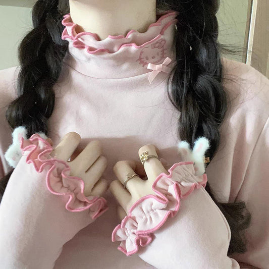 Soft Ruffled Collar Sleeve Pink White Black Kitty Cat Velvet Shirt Top - Sugarplum Store