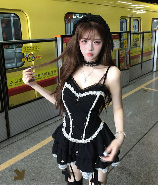 Creamy Cute Hot Leader Black Cami Top & Skirt Two Piece Set