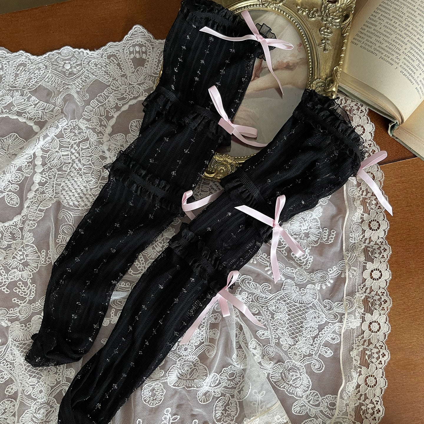 Noble Festival Pink Black Blue Red Lace Socks & Bear Garter - Sugarplum Store