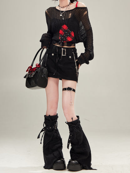 Hot Pink Cross Embroidery Denim High Waist Skirt & Leg Warmers Two Piece Set - Sugarplum Store