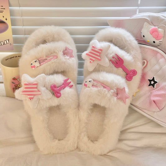Y2K Kitty Cat Stars Plush Fluff Slippers Shoes