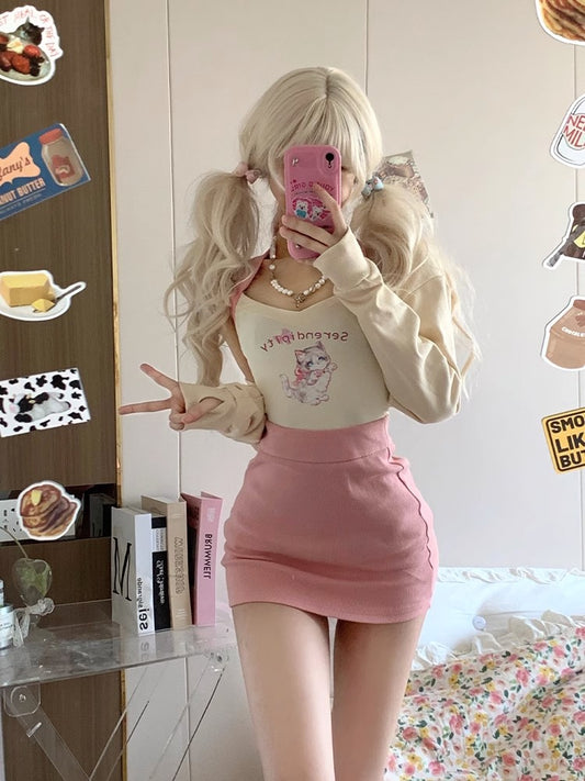 Serendipity Cat Cream Halter Neck Camisole Jacket Pink Mini Skirt Three Piece Set - Sugarplum Store