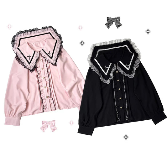 Kitten Bullet Jirai Kei Praying Girl Lace Doll Collar Black White Blue Pink Shirt Blouse - Sugarplum Store