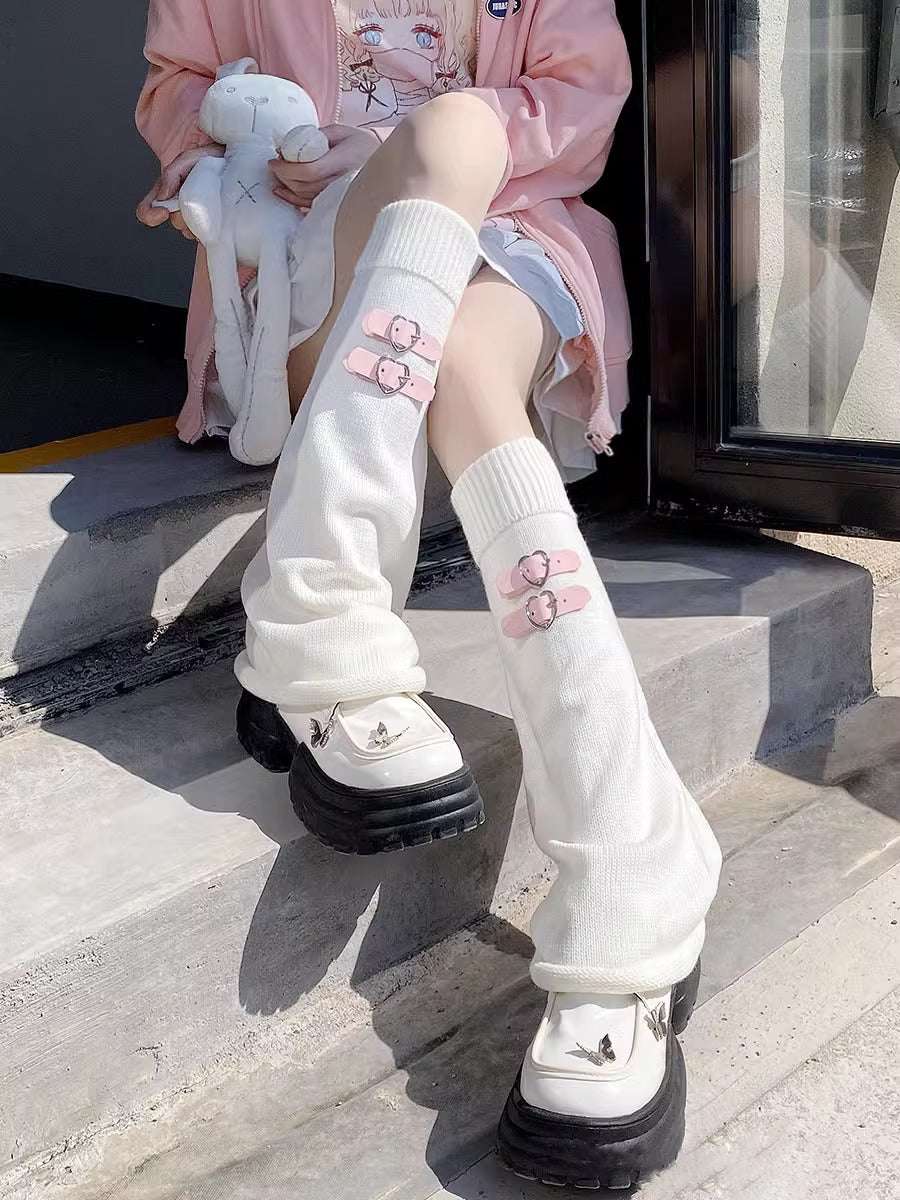 Heart Leather Buckle Knit Pink Black White Leg Warmers