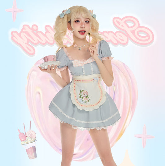 Serendipity Cute Farm Girl Blue Maid Cosplay Sweet Dress & Apron Two Piece Set
