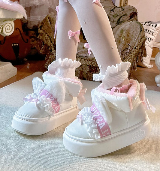 Pinky Cute Winter Plush Pink Bow Cat Ears White Snow Boots Shoes - Sugarplum Store