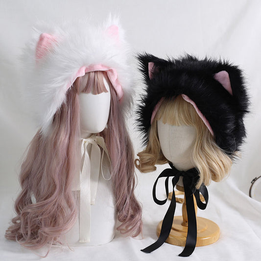Winter Lolita White & Black Cat Ears Cute Handmade Fur Hats Headband