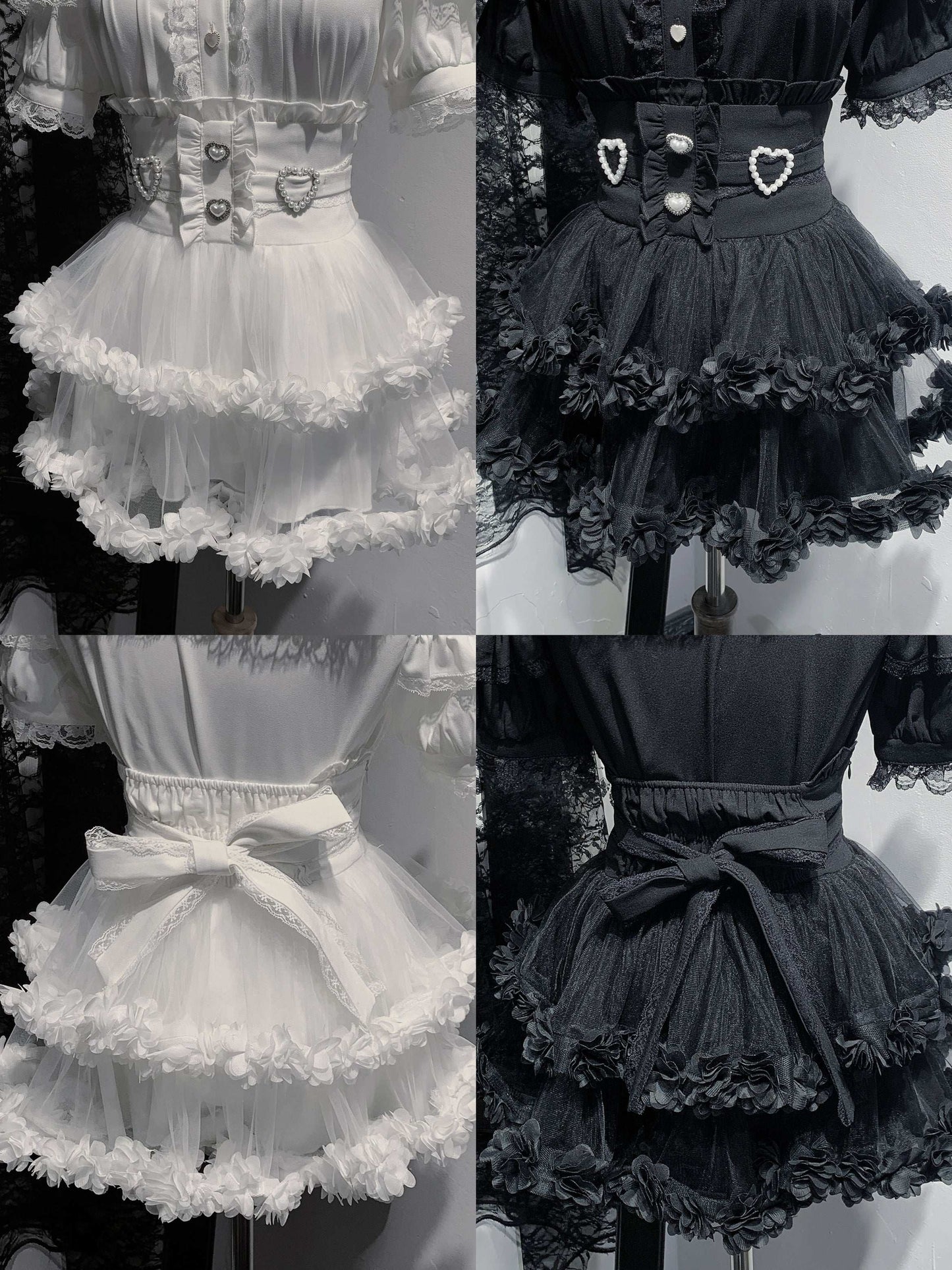 Four different styles of a lace-up dress with ruffled layers.