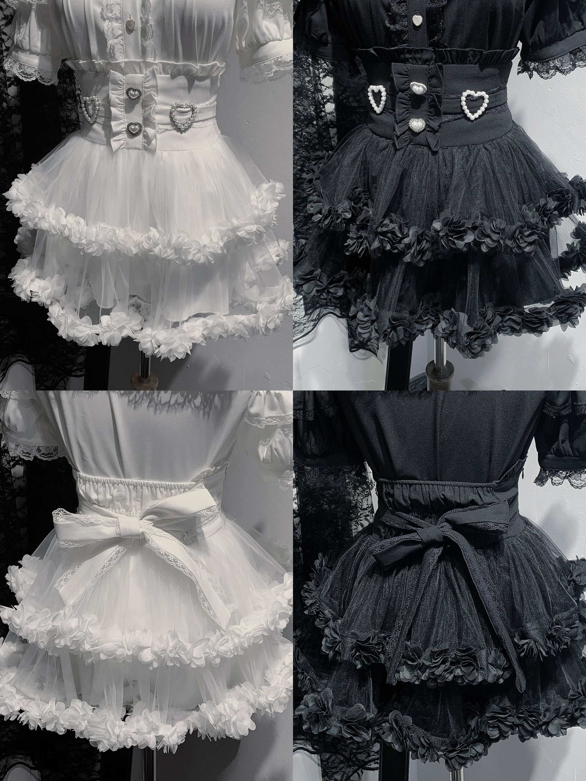 Four different styles of a lace-up dress with ruffled layers.