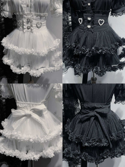 Four different styles of a lace-up dress with ruffled layers.
