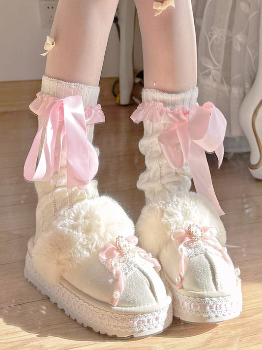 Winter Cute Sweet Princess White Pink Fur Slippers Shoes