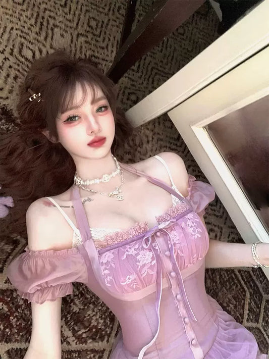 Lazy Girl Purple Mist Floral Print Puff Sleeve Short Dress - Sugarplum Store