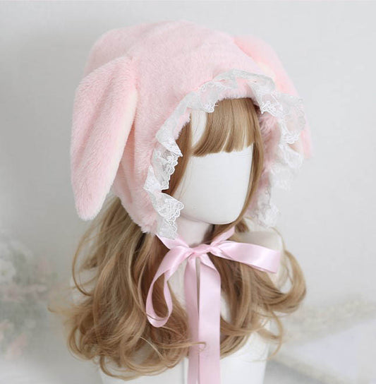 Sweet Rabbit Ear Pink & White Lace Lolita Handmade Fur Hats