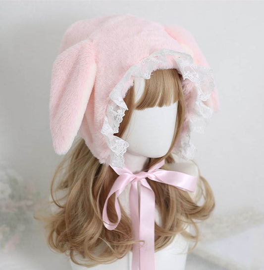 Sweet Rabbit Ear Pink & White Lace Lolita Handmade Fur Hats - Sugarplum Store