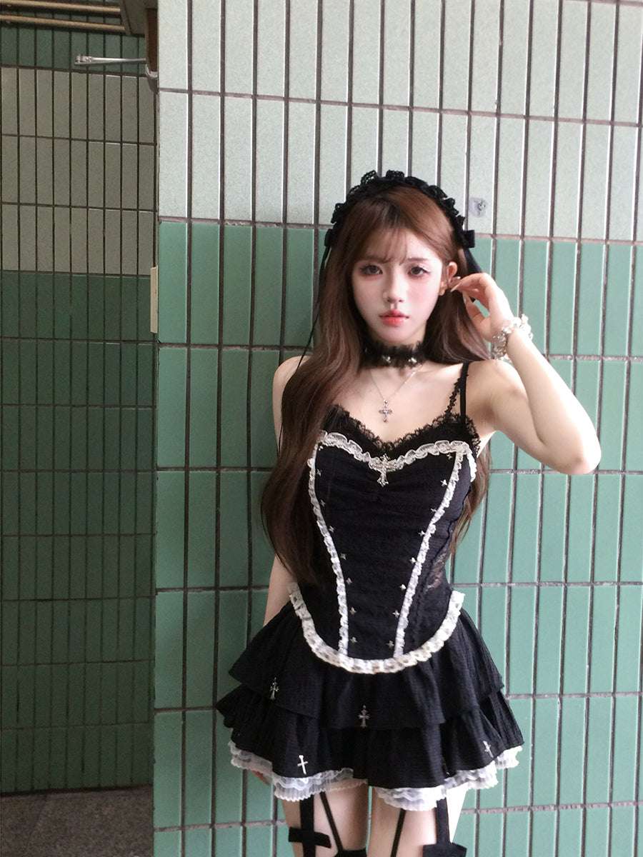 Creamy Cute Hot Leader Black Cami Top & Skirt Two Piece Set