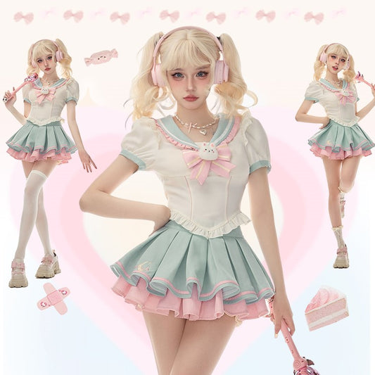 Serendipity Anime Magical Girl Cosplay Ice Star Seifuku Shirt Top & Skirt Two Piece Set - Sugarplum Store