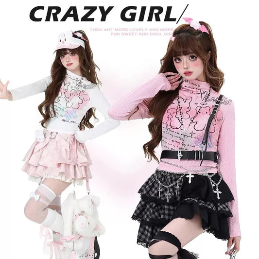 Crazy Girl Heaven Rabbit Graffiti White Pink Shirt Top - Sugarplum Store