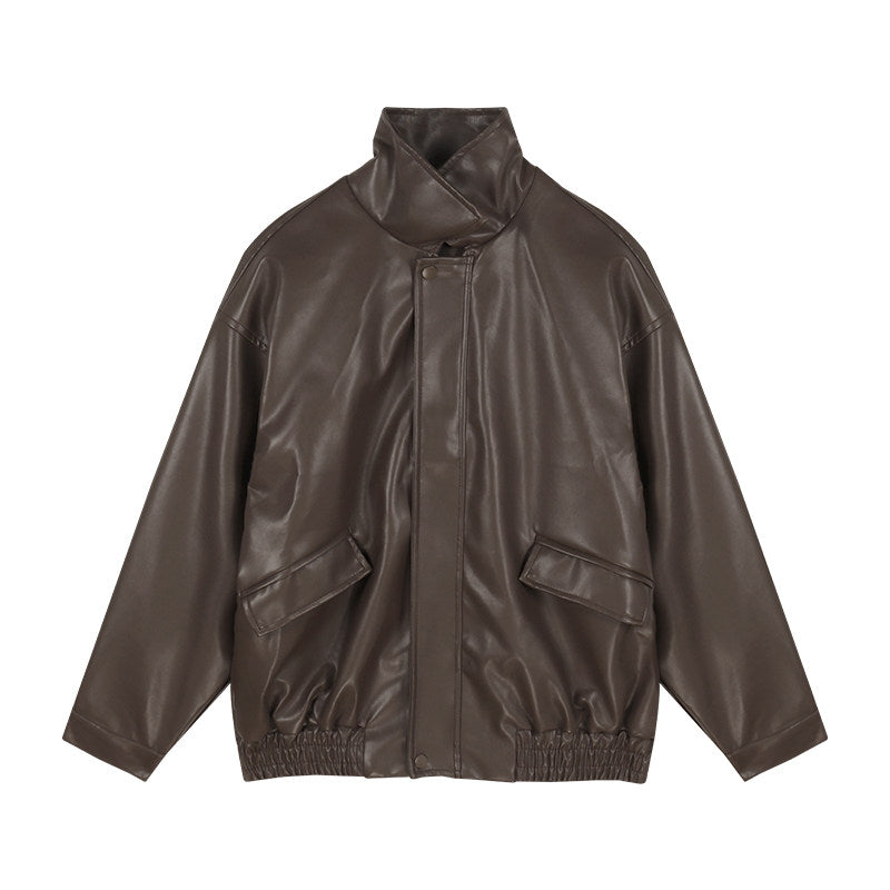 Chic Trendy Winter Brown Black Leather Jacket Skirt Two Piece Set