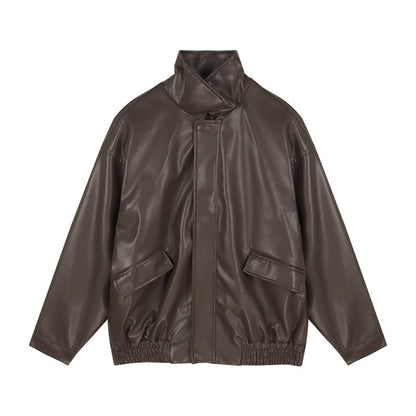 Chic Trendy Winter Brown Black Leather Jacket Skirt Two Piece Set