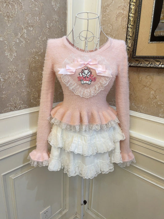 Sweetheart Princess Winter Marie Cat Pink Fuzzy Cropped Sweater & White Ruffled Skirt Two Piece Set