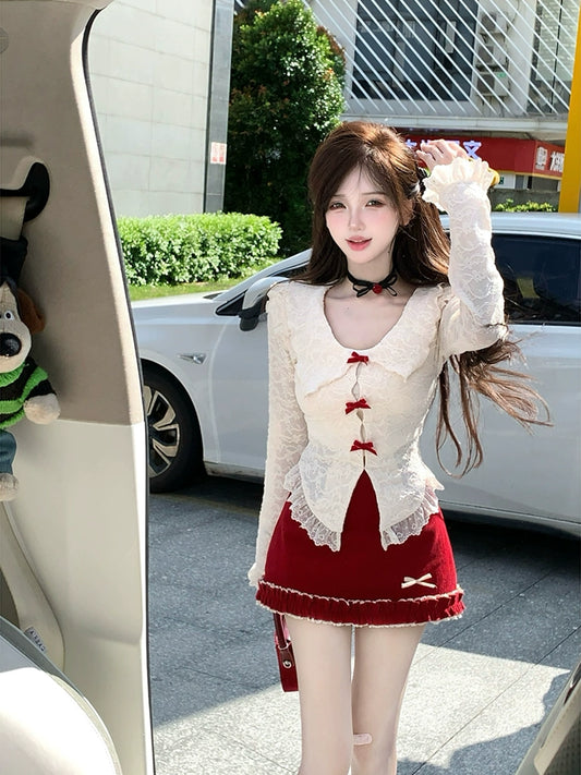 Creamy Cute City Love White Top & Red Skirt Two Piece Set - Sugarplum Store