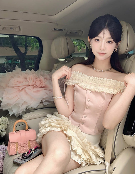 Creamy Sweet Love Heart Off Shoulder Pink Top & Skirt Two Piece Set
