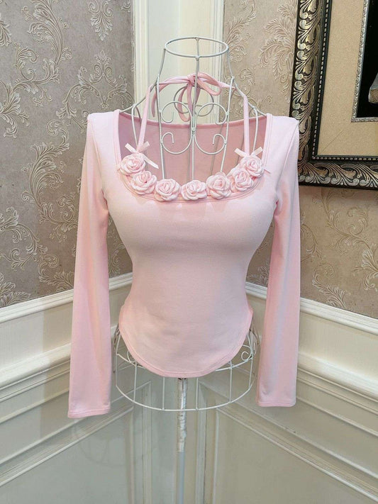 Sweetheart Princess Rose Halter Neck Pink Top