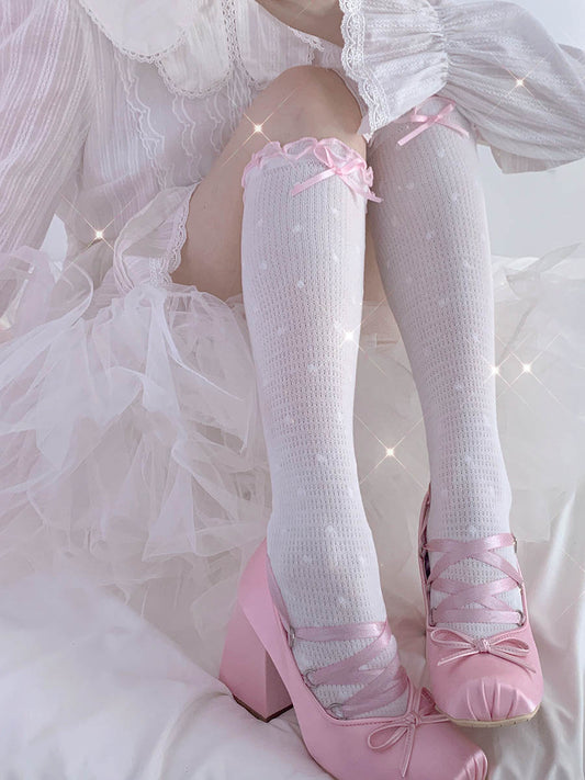 Sweet Bow Lolita Cotton White Pink Blue Calf & Over the Knee Socks