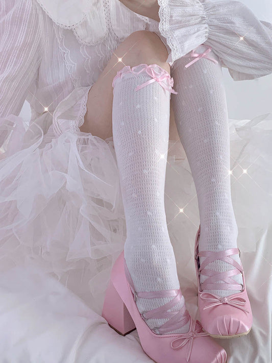 Sweet Bow Lolita Cotton White Pink Blue Calf & Over the Knee Socks - Sugarplum Store
