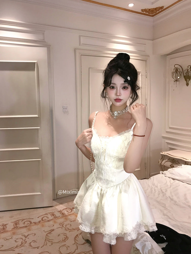 Creamy Cute Spring Cake White Dress & Black Cardigan Two Piece Set Creamy Cute Spring Cake White Dress & Black Cardigan Two Piece Set