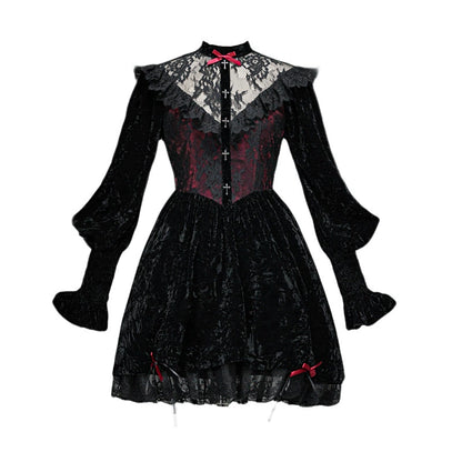 Blood Supply Dark Gothic Dream Rose Lace Drawstring Velvet Puff Sleeve Dress - Sugarplum Store