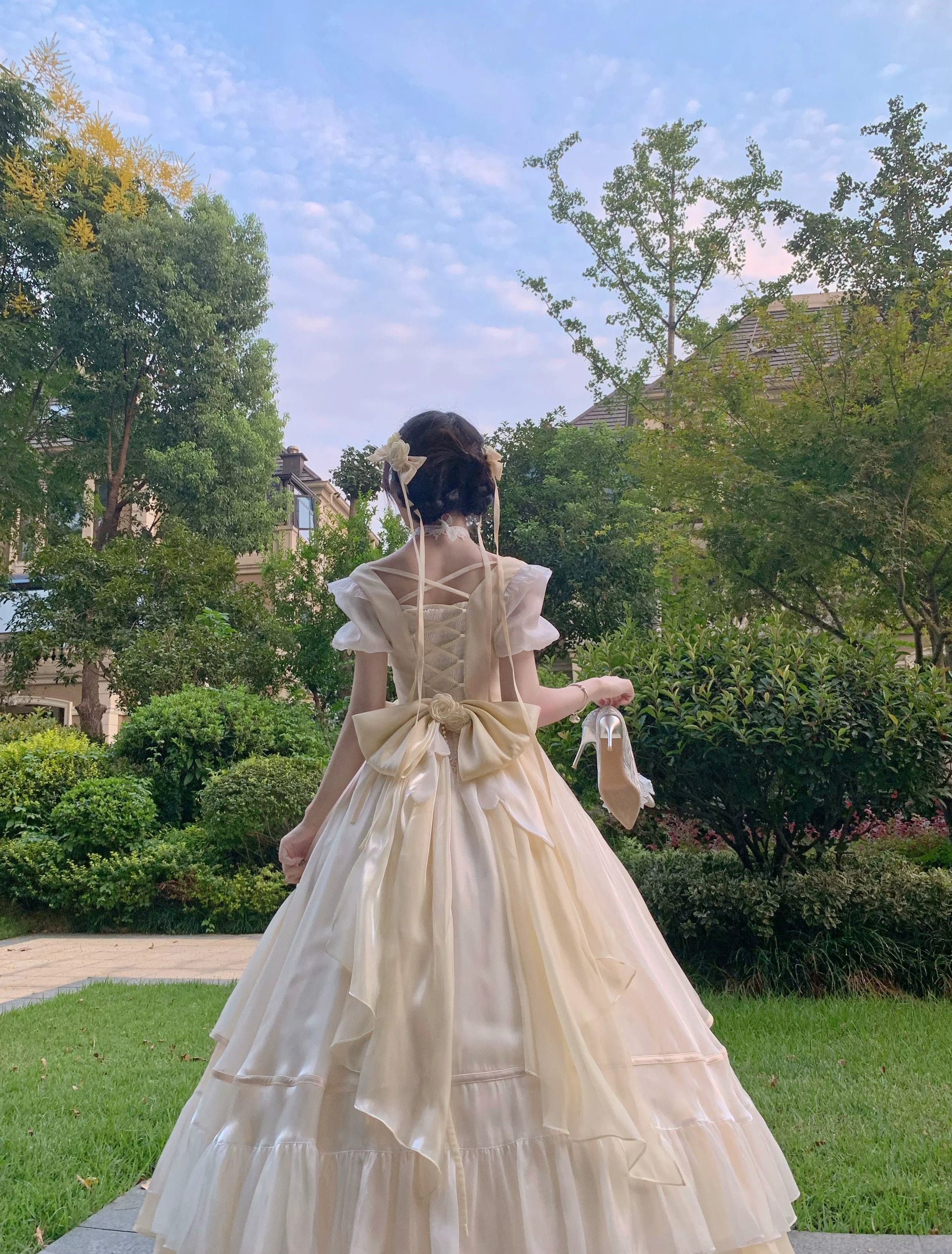 Flying Diary Lolita Blue Cream Black Pink Wedding Prom Long Dress Puff Sleeve Dress / Black / M Flying Diary Lolita Blue Cream Black Pink Wedding Prom Long Dress Puff Sleeve Dress / Black / M