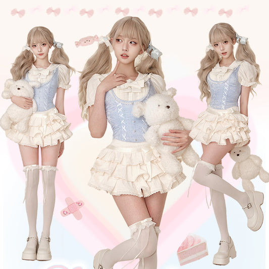 Serendipity Graven College Lace White Shirt & Blue Vest & Ruffle Skirt Three Piece Set - Sugarplum Store