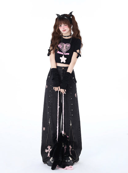 Crazy Girl Street Piecemeal Plan Pink Cross Black Gray Wide Leg Denim – Sugarplum Store