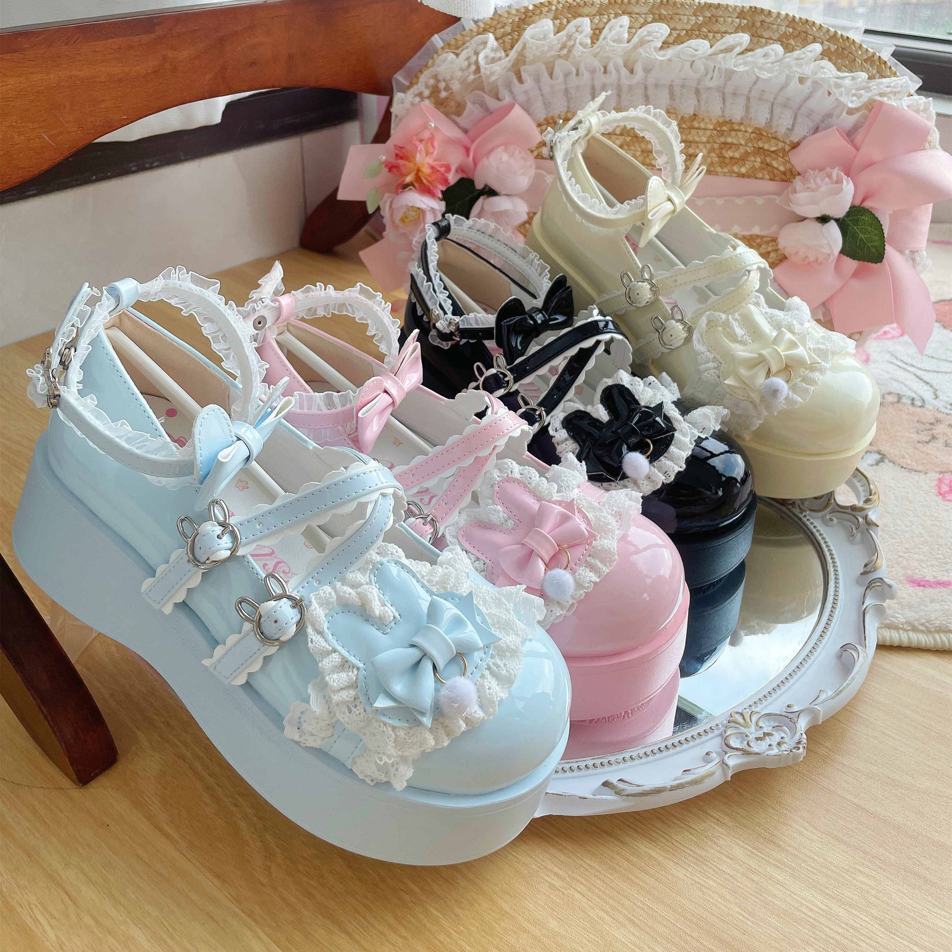 Soft Teasure Rabbit Lace Pink Blue Cream Black Mary Jane Shoes 5cm / Black / 40 Soft Teasure Rabbit Lace Pink Blue Cream Black Mary Jane Shoes 5cm / Black / 40
