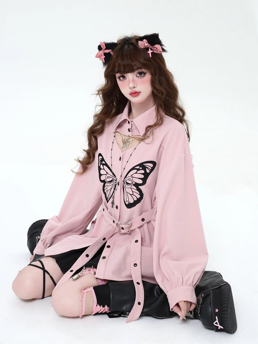 Crazy Girl Floating Dream Butterfly Black White Pink Top - Sugarplum Store