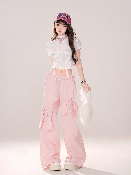Young Eyes Sweet Girly Bow Pink Elastic Pants