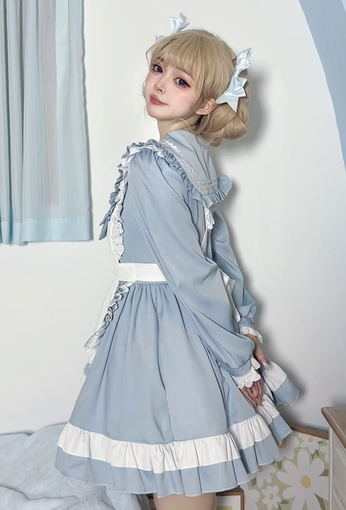 Lolita Cosplay Blue & Pink Lace Ruffled Apron Maid Dress Sugarplum Store Lolita Cosplay Blue & Pink Lace Ruffled Apron Maid Dress Sugarplum Store