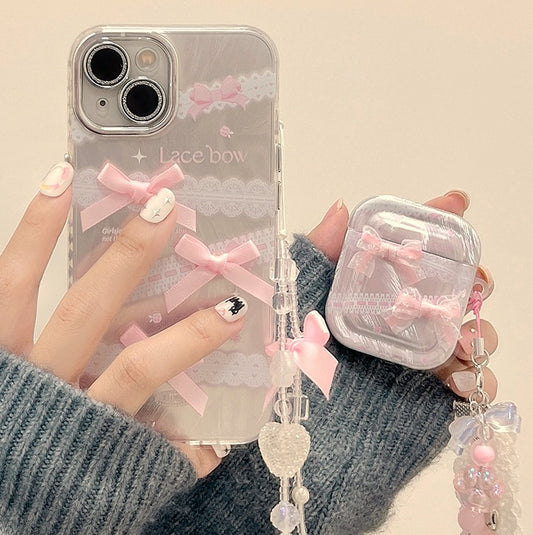 Coquette Lace Bow TPU Transparent iPhone Phone Case Airpods Case