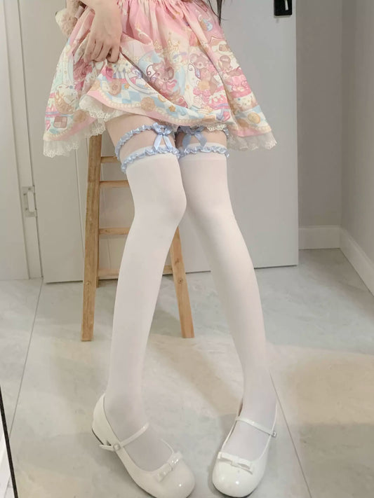 Twin Lace Pink Blue Black White Bow Lolita Mid Calf & Over the Knee Socks