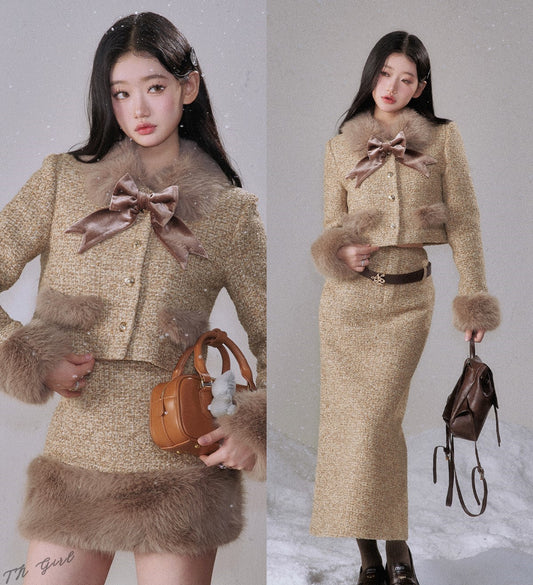 Monet Winter Thousand Gold Brown Tweed Fur Jacket & Skirt Two Piece Set - Sugarplum Store